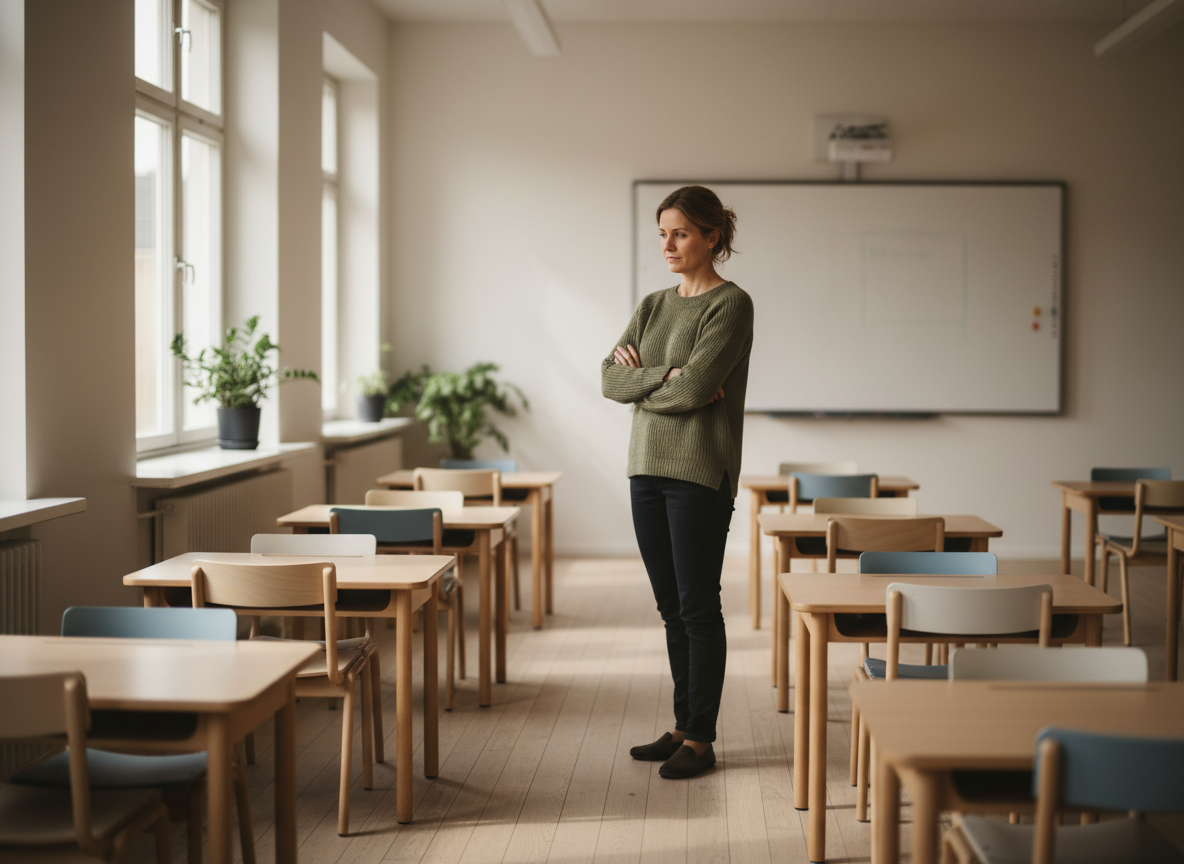 Lærer står i et tomt skandinavisk klasselokale i varmt eftermiddagslys med arme over kors.
