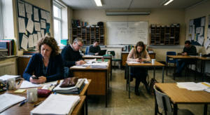 Flere lærere sidder ved hver deres bord i et lærerværelse. De kigger ned i deres telefoner eller papirer uden at interagere med hinanden, hvilket illustrerer isolation og manglende social forbindelse på arbejdspladsen.