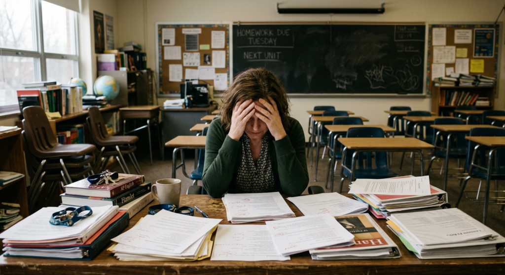 En kvindelig lærer sidder ved sit skrivebord i et tomt klasseværelse med hovedet i hænderne. Bordet er dækket af stakke af papirer og rettede opgaver, hvilket skaber en følelse af stress og overvældelse.